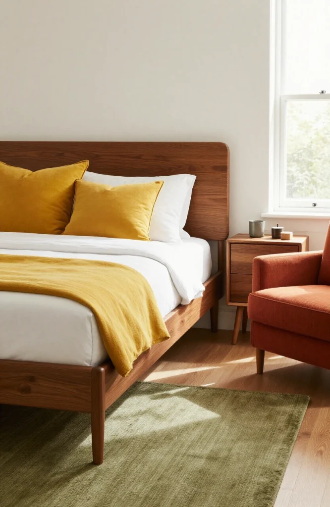 Image illustrating: 12. Use a Warm Mustard, Olive, or Rust Accent — from the article "25 Men’s Bedroom Ideas"