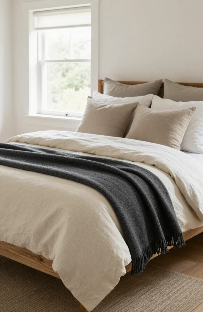 Image illustrating: 15. Layer Natural Textiles on the Bed — from the article "25 Men’s Bedroom Ideas"