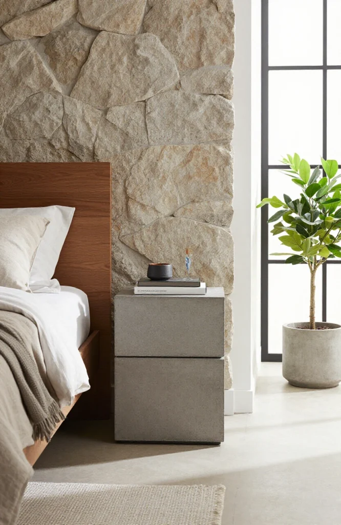Image illustrating: 16. Bring in Stone or Concrete Accents — from the article "25 Men’s Bedroom Ideas"