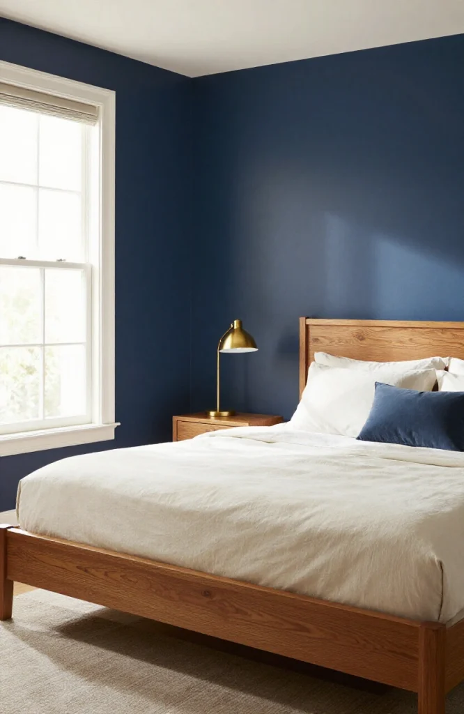 Image illustrating: 17. Navy Blue + Warm Wood: The Safest Bold Choice — from the article "25 Men’s Bedroom Ideas"