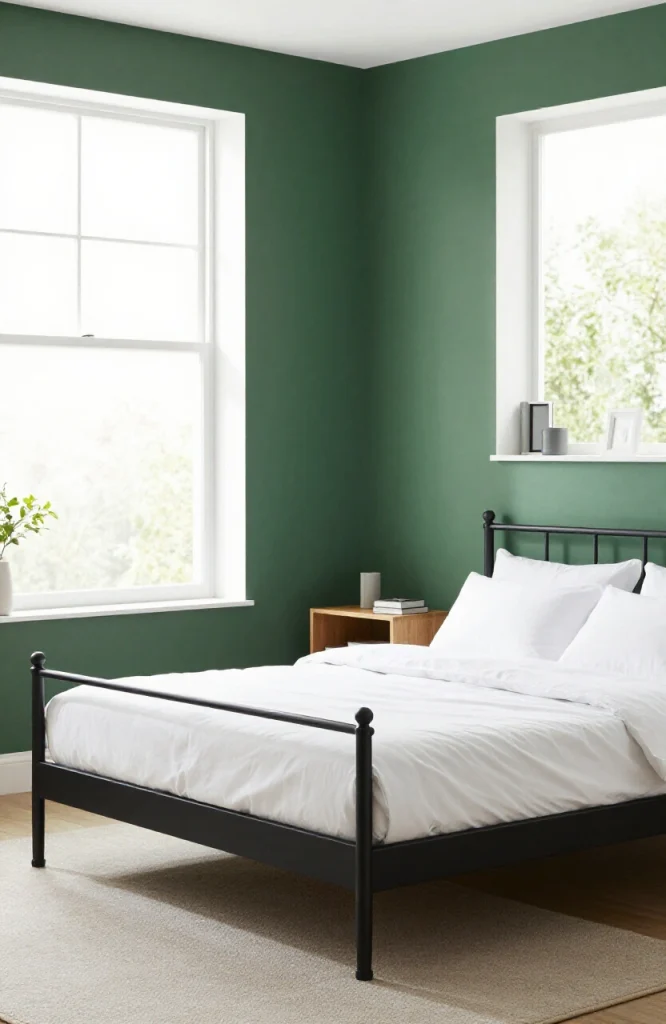 Image illustrating: 19. Forest Green + Black Hardware — from the article "25 Men’s Bedroom Ideas"