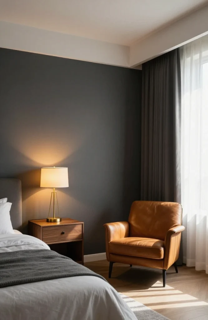 Image illustrating: 6. Layer Warm Lighting Against Dark Walls — from the article "25 Men’s Bedroom Ideas"