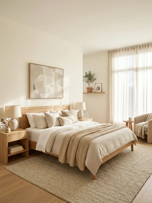 Bright bedroom with white walls, natural wood bed frame, cream bedding, abstract artwork, woven jute rug, sheer curtains, and natural light
