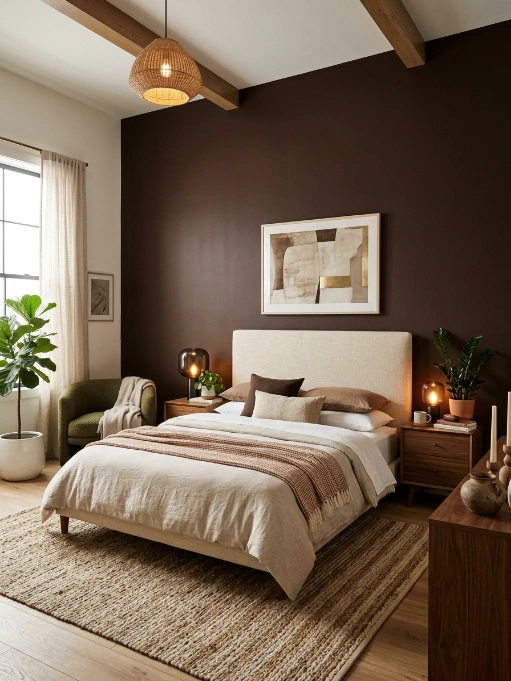 Contemporary bedroom with dark brown accent wall, exposed wooden ceiling beams, rattan pendant light, upholstered bed with neutral bedding, green chair, and indoor plants
