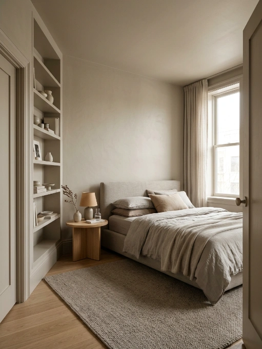 Compact bedroom with beige walls, upholstered linen bed, built-in white shelving, round wooden nightstand, sheer curtains, woven rug, and natural light

