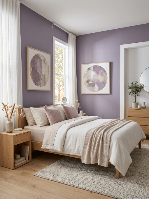 Modern bedroom with soft lavender walls, natural wood bed frame, neutral bedding with pink pillows, purple abstract circular artwork, light wood nightstands, and white curtains
