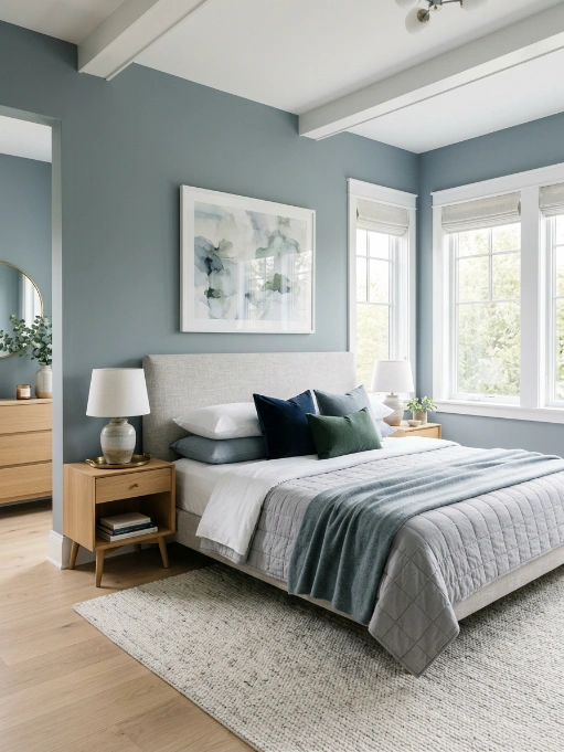 Serene bedroom with soft blue-gray walls, upholstered gray bed, navy and sage pillows, light wood nightstands, abstract blue artwork, white ceiling beams, and natural fiber rug
