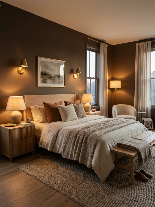 Contemporary bedroom with dark brown walls, wooden bed frame, neutral bedding, brass wall sconces, abstract art, and layered lighting
