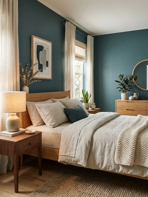 Modern Teal Bedroom with Natural Wood & Cozy Textures