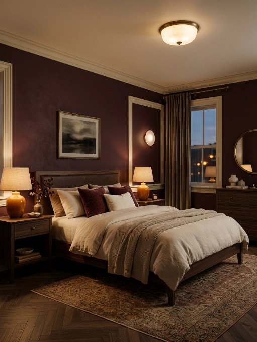 Elegant bedroom with deep purple walls, dark wood bed frame, cream bedding, vintage rug, and warm ambient lighting
