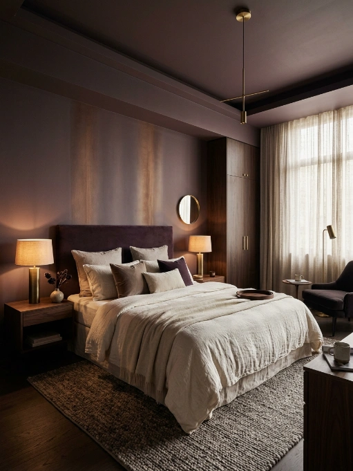 Modern bedroom with deep purple walls and ceiling, cream bedding, dark wood furniture, brass pendant light, round mirror, and sheer curtains
