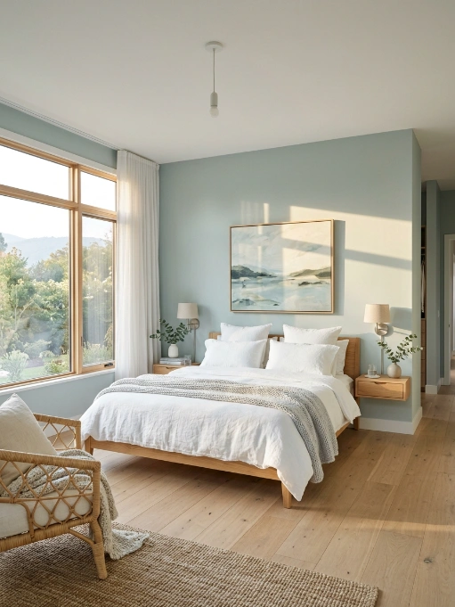 Bright bedroom with soft blue walls, natural wood bed frame, white bedding, rattan chair, large windows with mountain views, coastal artwork, and woven jute rug
