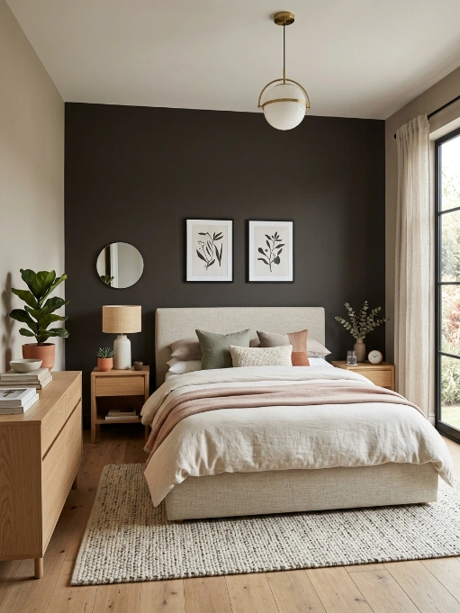 Contemporary bedroom with charcoal accent wall, upholstered bed, light wood furniture, botanical prints, brass pendant light, and neutral bedding with pink accents
