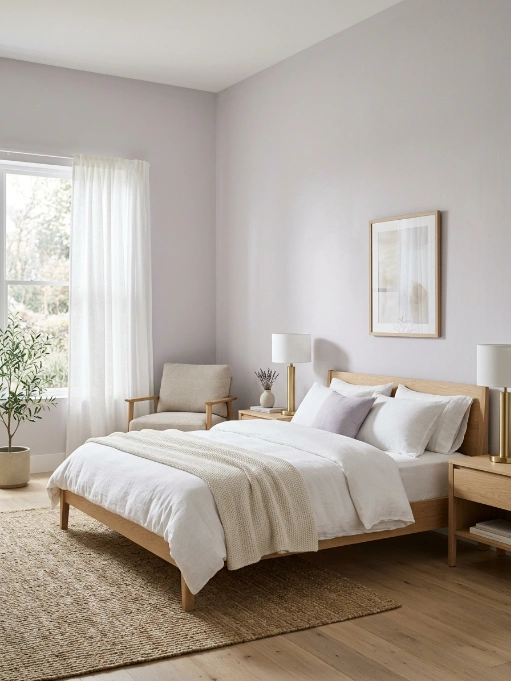 Bright minimalist bedroom with soft lavender walls, natural wood bed frame, white bedding, brass lamps, sheer curtains, and woven jute rug
