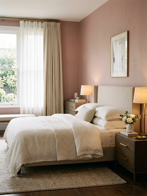 Serene bedroom with dusty rose mauve walls, white bedding, upholstered headboard, dark wood nightstands, brass lamps, sheer curtains, and natural light
