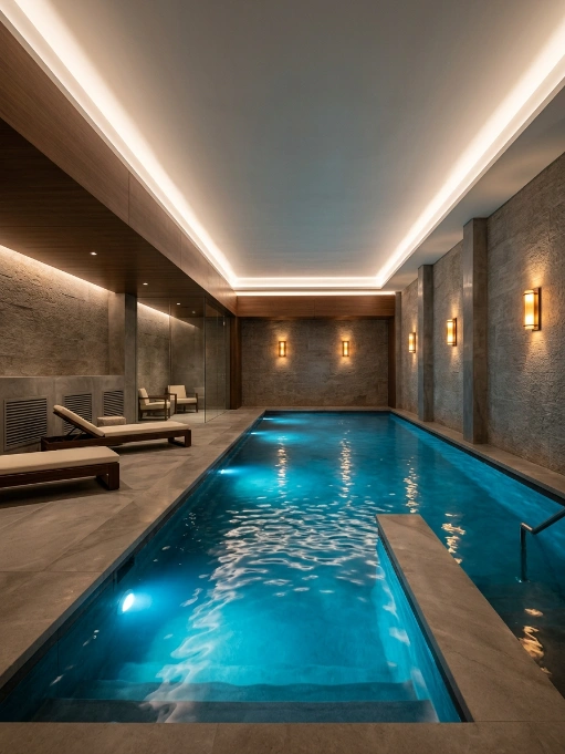 Luxurious indoor swimming pool with blue underwater LED lighting, textured stone walls, wall sconces, recessed ceiling lights, wooden ceiling accents, and lounge chairs in modern spa-like setting
