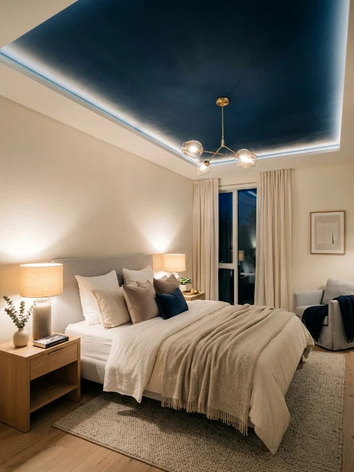 Contemporary bedroom with navy blue tray ceiling, LED strip lighting, neutral beige walls, white bedding with navy pillows, brass pendant light, wood nightstands, and sheer curtains
