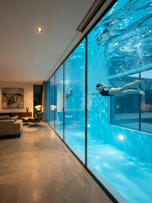 Woman swimming underwater in a luxury indoor pool featuring a floor-to-ceiling glass wall that looks into an adjacent modern living room with concrete floors.
