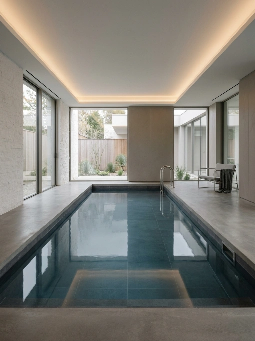 Contemporary indoor pool with glass walls, dark tiles, modern lighting and garden views
