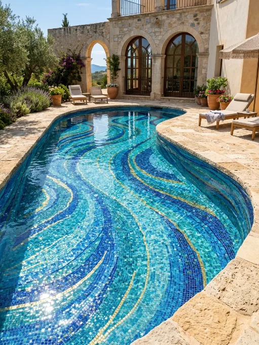 Luxury curved swimming pool with artistic blue and gold mosaic tile pattern in wavy design, surrounded by stone patio with lounge chairs at Mediterranean-style villa with arched windows and landscaped garden

