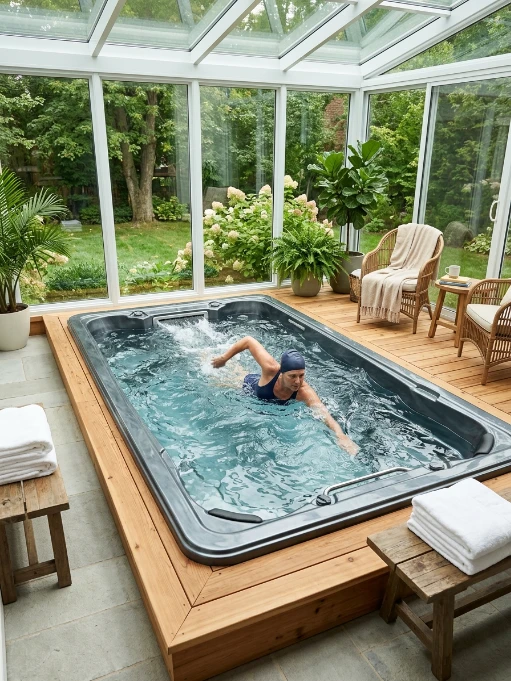 Woman swimming in compact exercise swim spa inside bright glass sunroom with wooden deck, potted plants, wicker furniture, and garden views
