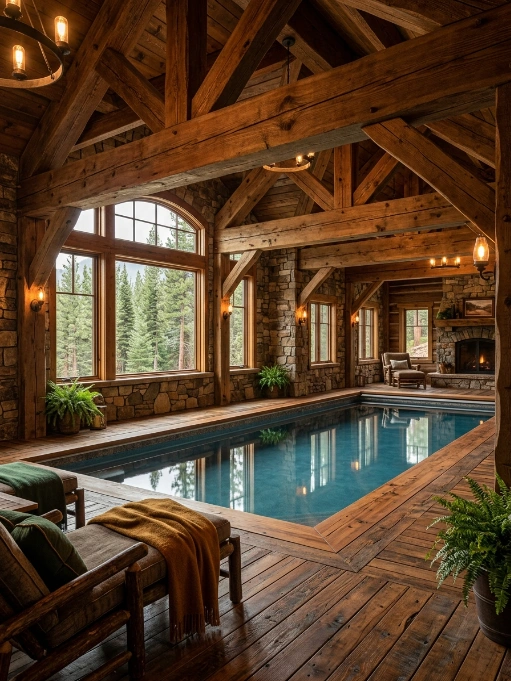 Rustic luxury indoor swimming pool inside a timber frame lodge featuring exposed wooden beams, stone walls, large arched windows with forest views, wooden deck, and a fireplace.
