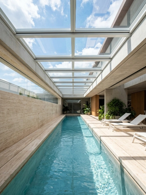 Contemporary indoor swimming pool with retractable glass roof ceiling, natural light, light stone walls, wooden deck, white lounge chairs, and tropical plants in modern luxury home
