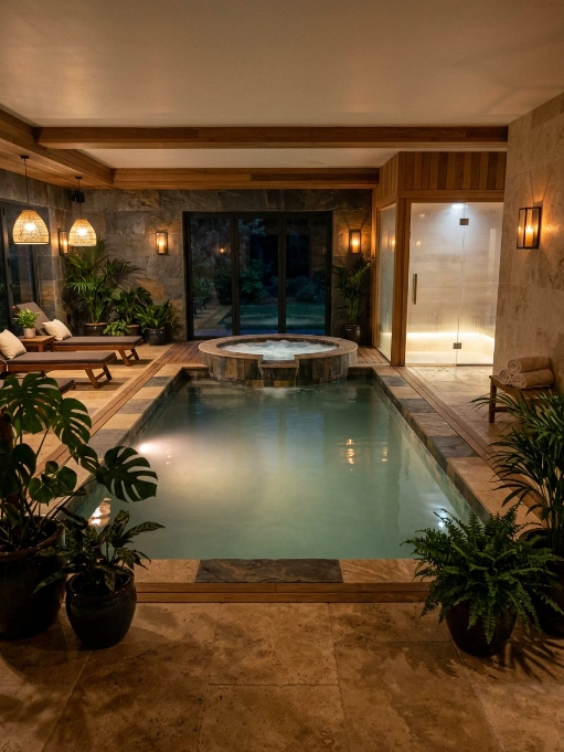 Luxurious indoor swimming pool with integrated hot tub spa, featuring natural stone walls, wooden ceiling beams, tropical plants, ambient pendant lighting, lounge chairs, glass shower, and sliding doors in warm earth-toned sanctuary
