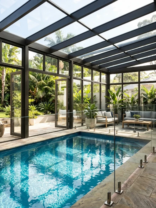 Swimming pool inside a glass structure with stone flooring, outdoor sofas, and views of palm trees and greenery.