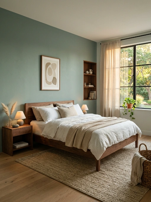 Modern bedroom with sage green accent wall, wooden platform bed, white bedding, built-in shelves, natural light from large windows, and neutral decor

