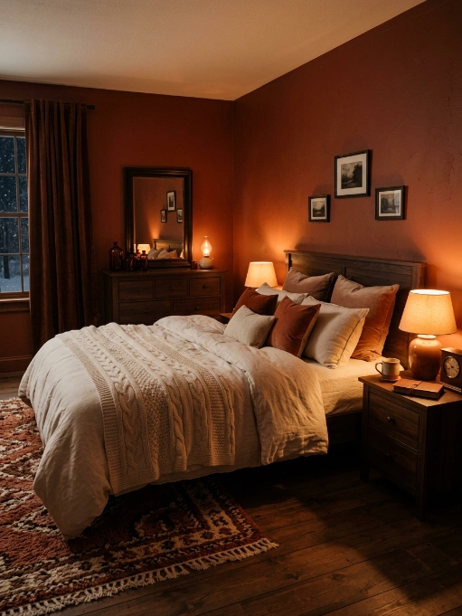 Cozy bedroom with terracotta rust-colored walls, dark wood bed frame, cream bedding, traditional patterned rug, gallery wall, and warm ambient lighting from table lamps
