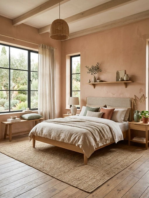 Sunlit bedroom with peach terracotta walls, exposed wooden ceiling beams, rattan pendant light, natural wood bed frame, neutral bedding, and large black-framed windows
