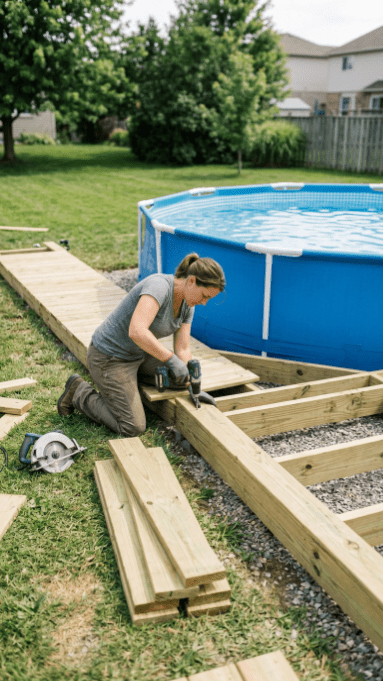 Woman building pressure-treated wood deck frame around blue above-ground swimming pool.

