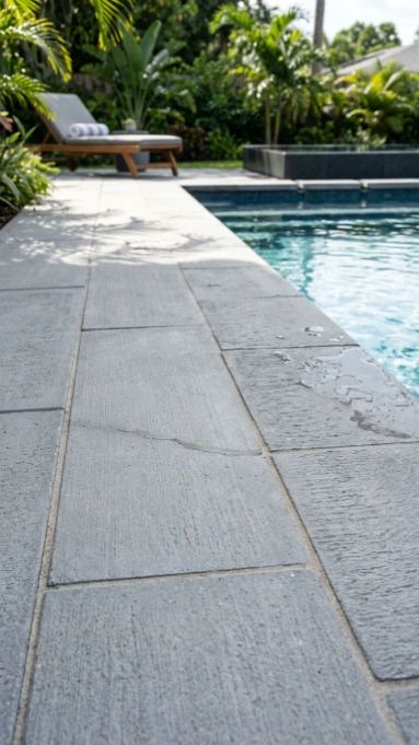 Gray concrete pavers in rectangular pattern surrounding a swimming pool with tropical landscaping.