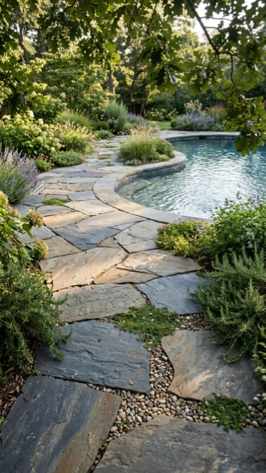 Natural flagstone pavers in irregular shapes surrounding a curved pool with lush garden landscaping.
