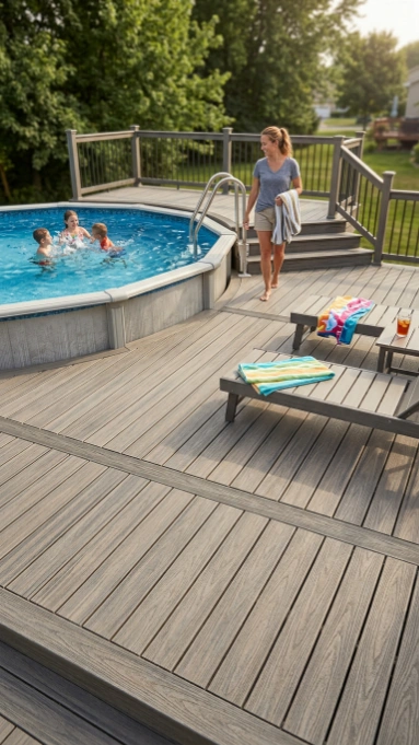 Gray composite decking around above-ground pool with family swimming and lounge chairs.
