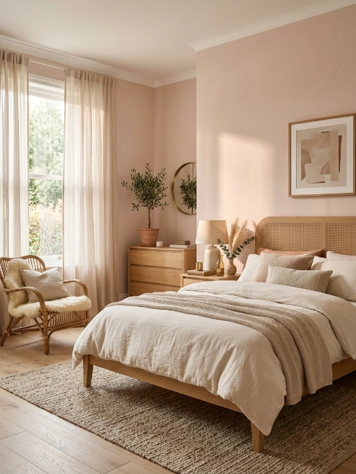 Soft blush pink bedroom with natural wood rattan bed frame, cream bedding, rattan accent chair, sheer curtains, round mirror, and natural light
