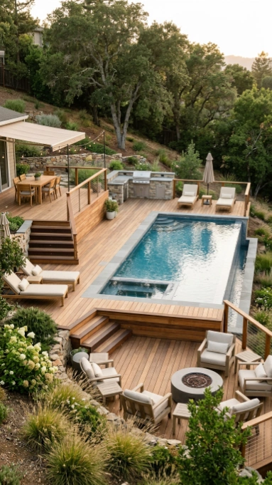 Aerial view of a multi-level wooden pool deck featuring an upper outdoor kitchen, lower fire pit lounge, and rectangular pool.
