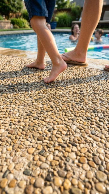 Bare feet walking on exposed aggregate concrete pool deck with visible pebbles and stones.
