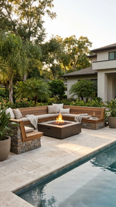 Built-in wooden bench seating with cushions surrounding a square fire pit on stone pool deck with tropical landscaping.
