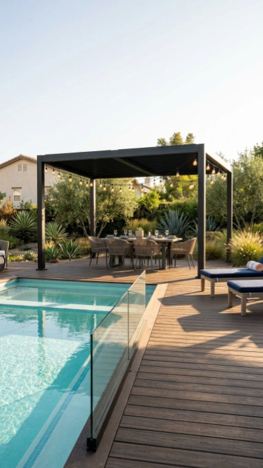 Modern black metal pergola with string lights over dining area next to wooden pool deck and glass railing.
