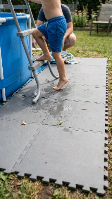 Child climbing pool ladder on gray interlocking foam deck tiles laid on grass.
