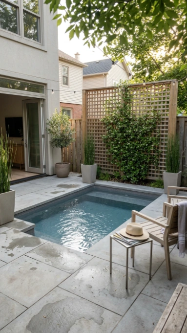 Compact plunge pool with gray concrete pavers, wooden lattice privacy screen, and minimalist furniture in small urban backyard.
