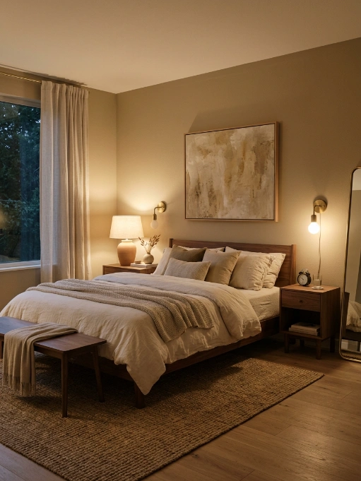 Cozy modern bedroom with neutral beige tones, wooden bed frame, abstract wall art, wall sconces, and natural light
