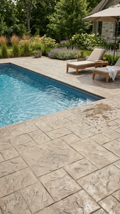 Light beige stamped concrete pool deck with a rectangular stone pattern next to an inground pool and wooden lounge chairs