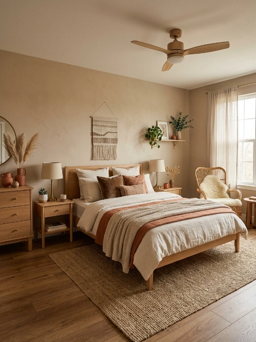 Bright bohemian bedroom with wooden bed frame, ceiling fan, rattan chair, woven wall hanging, plants, and neutral beige decor
