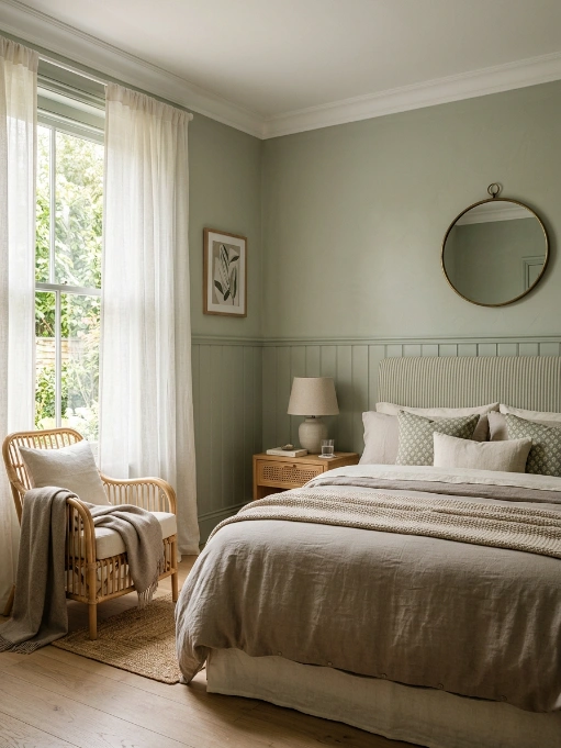 Serene bedroom with sage green walls, white wainscoting, neutral beige bedding, round mirror, rattan chair by window with sheer curtains
