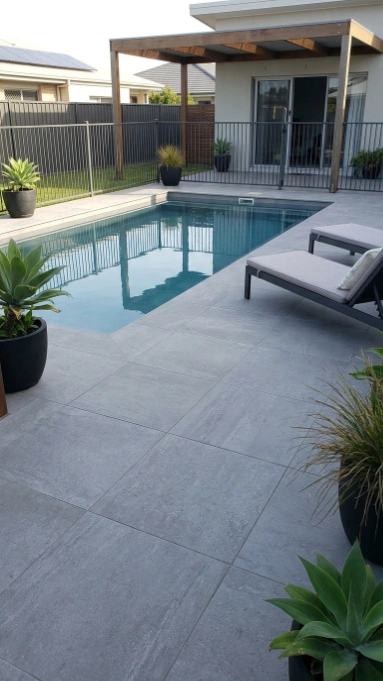 Large gray porcelain tiles around modern rectangular pool with wooden pergola and black planters.
