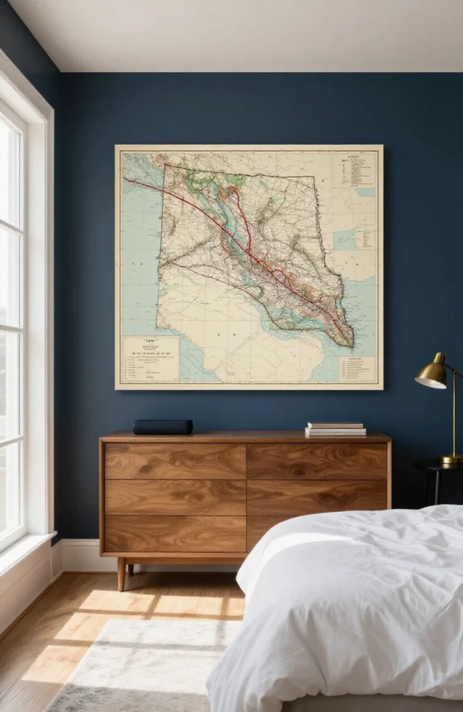 Image illustrating: Maps as Personal Wall Art — from the article "25 Men’s Bedroom Ideas"