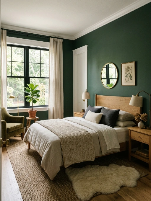 Bedroom with dark forest green walls, natural wood bed frame, round mirror, black-framed windows, green velvet chair, layered rugs, and neutral bedding
